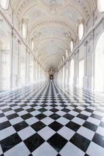 Reggia di Venaria Reale, Italy, October 2022: corridor perspective, luxury marble, gallery and