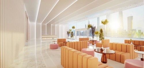 Interior of modern entrance hall in modern office building with reception counter and waiting area