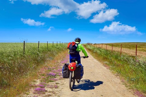 Biker at Via de la Plata way in Extremadura Spain to Santiago compostela