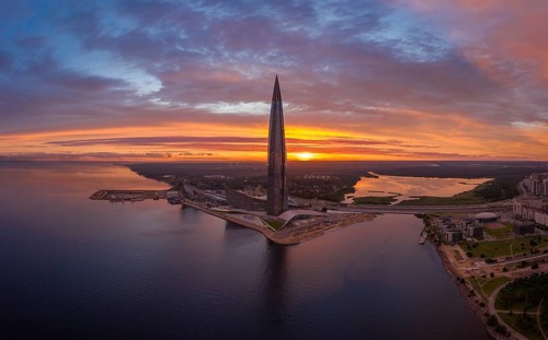 SAINT-PETERSBURG, RUSSIA, JUNE 20, 2019: Lakhta Center Tower Silhouette at Sunset. Aerial View.
