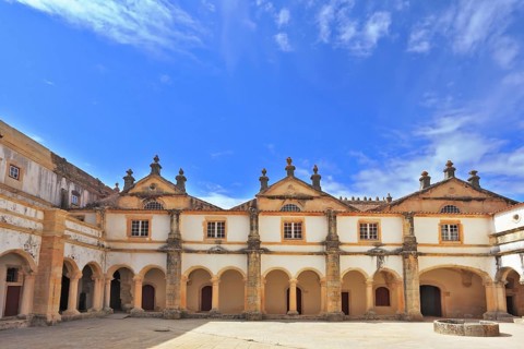 Palace of the Knights Templar in the small town of Tomar, Portugal. Beautiful inner courtyard,