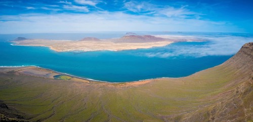 Aerial view on island La Graciosa next to Lanzarote. Part of the Canary Islands of Spain