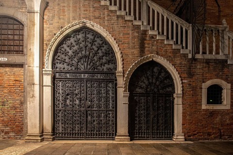 Beautiful two doors near the Rialto Market in Venice, Italy