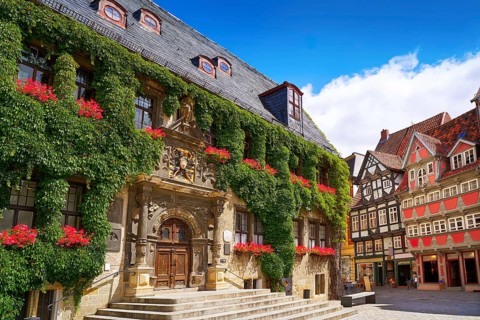 Rathaus Quedlinburg facade in Harz Saxony Anhalt Germany