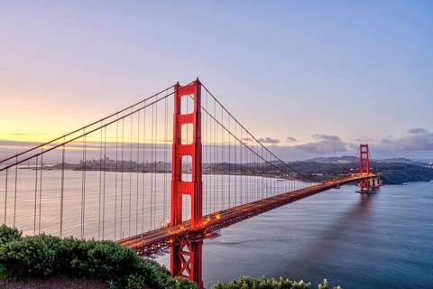 The famous Golden Gate Bridge in San Francisco at sunrise