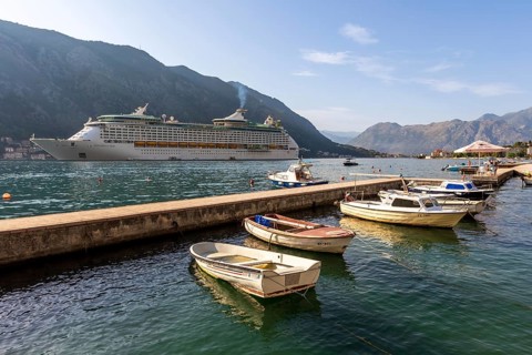Kotor, Montenegro, September 20, 2023: Kotor Bay and Explorer of the Seas, Royal Caribbean cruise