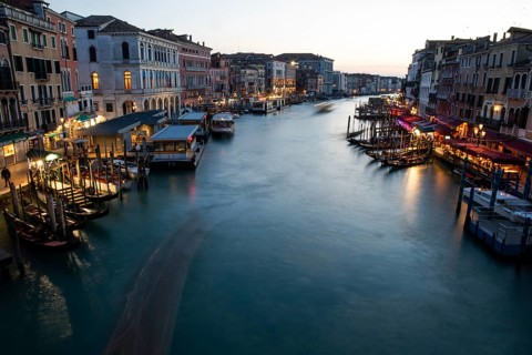 Evening atmosphere, view from the Rialto Bridge onto the Grand Canal, long exposure, Venice, Italy