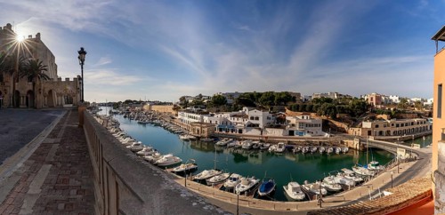 Ciutadella, Spain, 26 January, 2024: view of the Ciutadella town hall and the harbor and