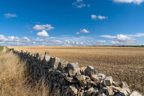 Traditional stone wall separates acres and farm fields on the Monknash Coast of South Wales, United