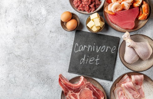 Food, Selection food for CARNIVORE DIET. Seafood, Meat, megs and fat. Zero carbs diet concept