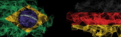 Flags of Brazil and Germany on Black background, Brazil vs Germany Smoke Flags
