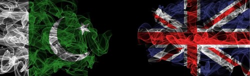 Flags of Pakistan and United Kingdom on Black background, Pakistan vs United Kingdom Smoke Flags