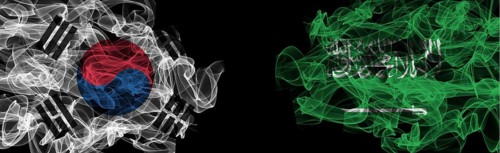 Flags of South Korea and Saudi Arabia on Black background, South Korea vs Saudi Arabia Smoke Flags