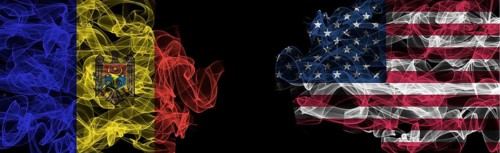 Flags of Moldova and USA on Black background, Moldova vs USA Smoke Flags