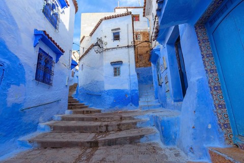 Traditional old blue street inside Medina of Chefchaouen, Morocco