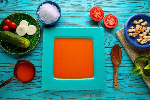 Gazpacho andaluz is a fresh tomato soup and vegetables of Andalusian Spain