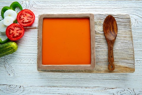 Gazpacho andaluz is a fresh tomato soup and vegetables of Andalusian Spain