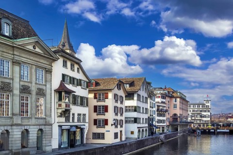 Embankment of Limmat river in Zurich historical center, Switzerland