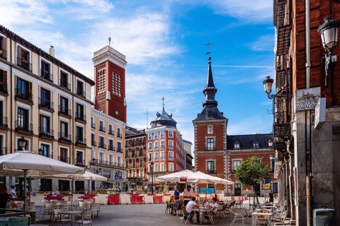 Madrid, Spain, May 8, 2021: Cafe in the Square of Santa Cruz in historical centre of Madrid.