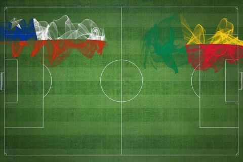 Chile vs Benin Soccer Match, national colors, national flags, soccer field, football game,