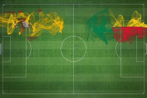 Spain vs Benin Soccer Match, national colors, national flags, soccer field, football game,