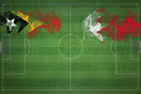 East Timor vs Bahrain Soccer Match, national colors, national flags, soccer field, football game,
