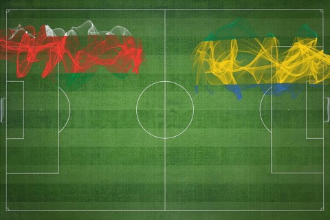 Oman vs Gabon Soccer Match, national colors, national flags, soccer field, football game,