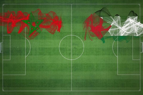Morocco vs Palestine Soccer Match, national colors, national flags, soccer field, football game,