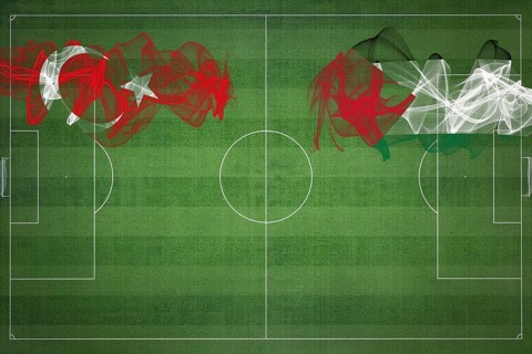 Turkey vs Palestine Soccer Match, national colors, national flags, soccer field, football game,
