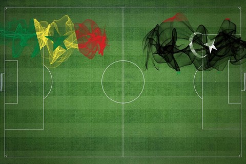 Senegal vs Libya Soccer Match, national colors, national flags, soccer field, football game,