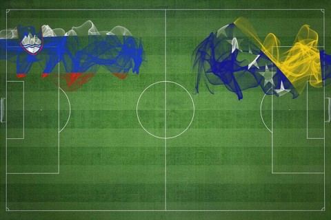Slovenia vs Bosnia and Herzegovina Soccer Match, national colors, national flags, soccer field,