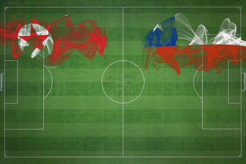 North Korea vs Chile Soccer Match, national colors, national flags, soccer field, football game,