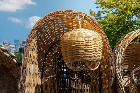 Empty wicker baskets are seein a market place
