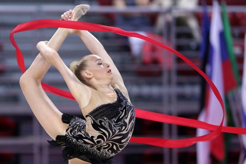 Sofia, Bulgaria - 6 May, 2017: Lea Tkaltschewitsch from Germany performs during Rhythmic Gymnastics