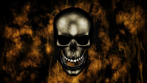 Happy Halloween. Human Skull With Smoke And Fire 3D Rendering