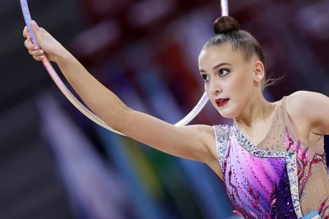 Sofia, Bulgaria - 27 March, 2021: Sabina Tashkenbaeva of Uzbekistan performs during the individual
