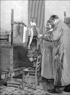Historical illustration, 1899, a boy is being prepared for an x-ray of his breast, ein Junge wird