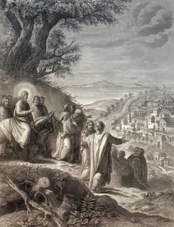 Jesus riding a donkey to Jerusalem, New Testament, steel engraving 1853, digitally restored