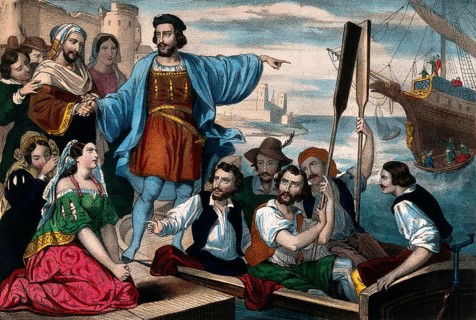 Christopher Columbus and his crew leaving the port of Palos, Spain, 1492, digitally optimized