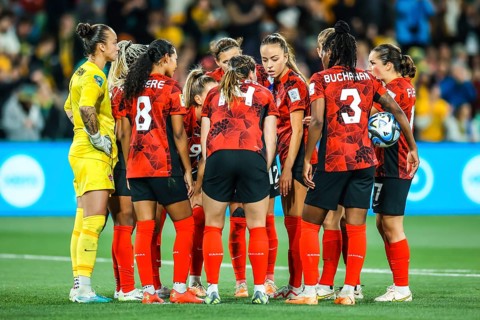 MELBOURNE, AUSTRALIA, JULY 31: Canada team discuss after conceding a goal against Australia at the