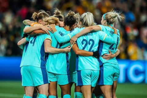 MELBOURNE, AUSTRALIA, JULY 31: Australia players celebrate beating Canada at the FIFA Women's World