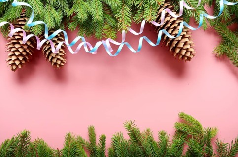 Flat lay design of Christmas greeting card of fir twigs cones and paper streamer on pink background