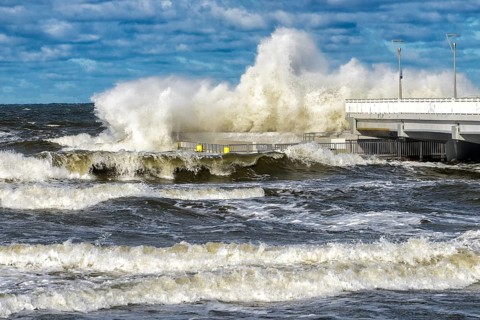 Large braking waves during a storm in Kolobrzeg on the Polish Baltic coast