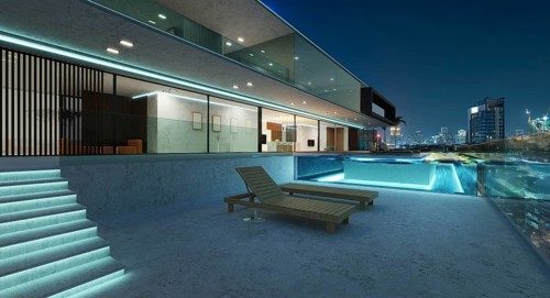 Luxury villa exterior design with beautiful night cityscape at the infinity pool. 3d rendering