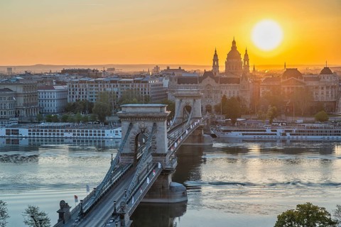 Budapest Hungary, sunrise city skyline at Danube River with Chain Bridge and St. Stephen's Basilica