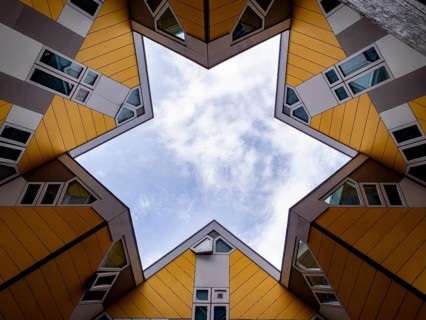 The six-pointed star shape in the centre of the modern yellow cube house by Piet Blom, Rotterdam,