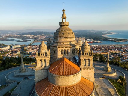 Basilica Santa Luzia at Sunset. Viana do Castelo City, Portugal. Aerial View