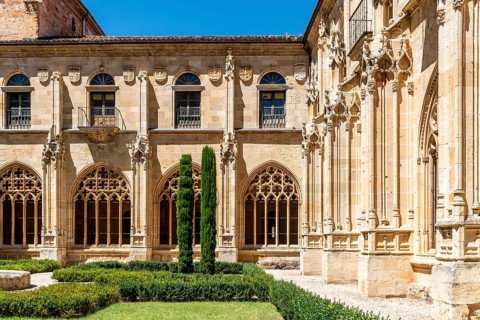 Ona, Spain, 5 August, 2020: Benedictine monastery of San Salvador de Oña in Burgos. Gothic cloister