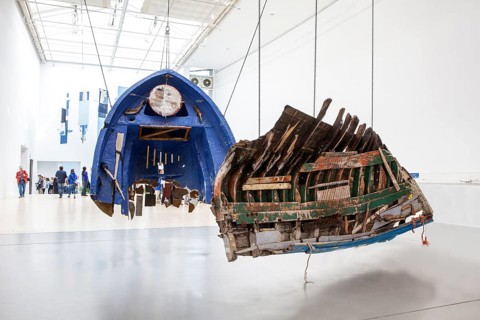 Remains of wooden boats from Lesbos Greece, sound instruments, the sound installation