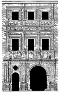 Historical architectural illustration from the 19th Century, 1873, facade in the Renaissance style,